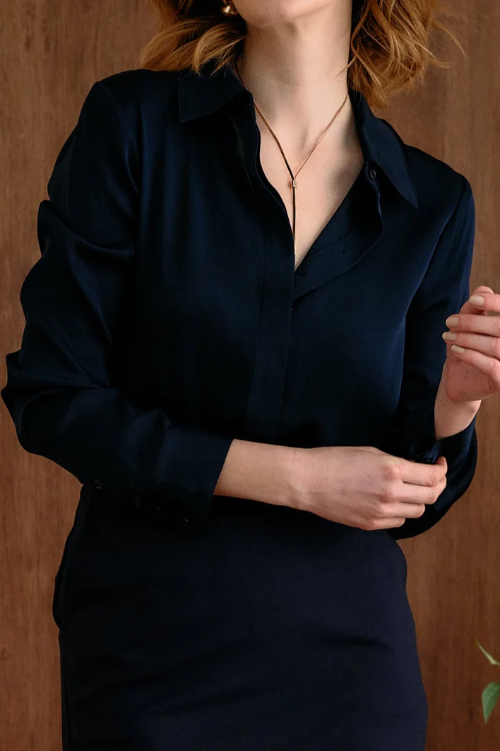 The Grace Silk Long Sleeve Blouse Navy - Image 6